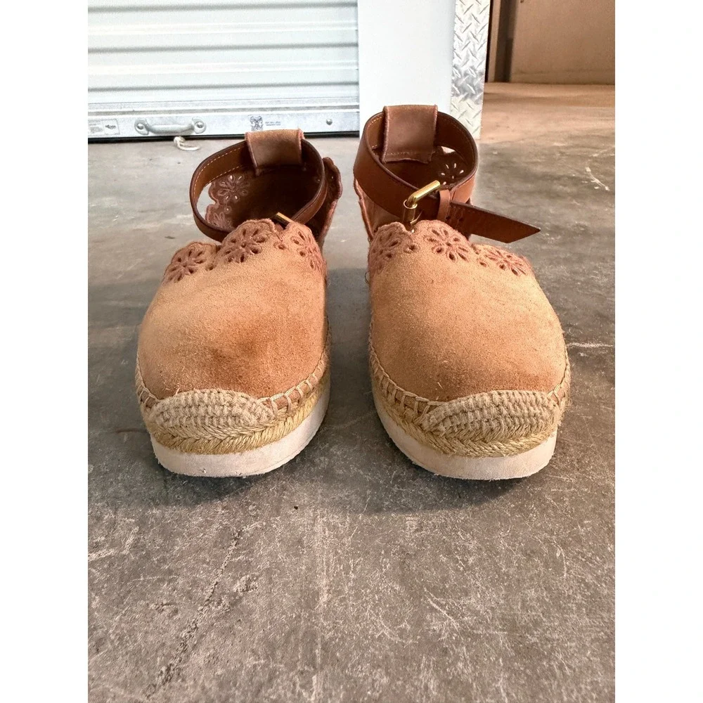 See By Chloe Glyn Suede Scalloped Espadrille Platform Ankle Strap Sandals Tan 36